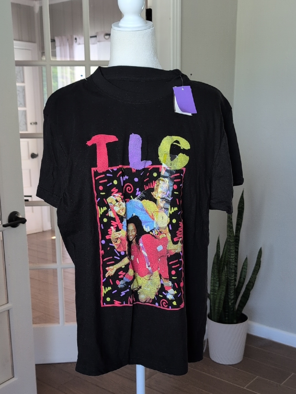 NWT TLC 90's Group Black Tee with Neon Retro Graphic Small
